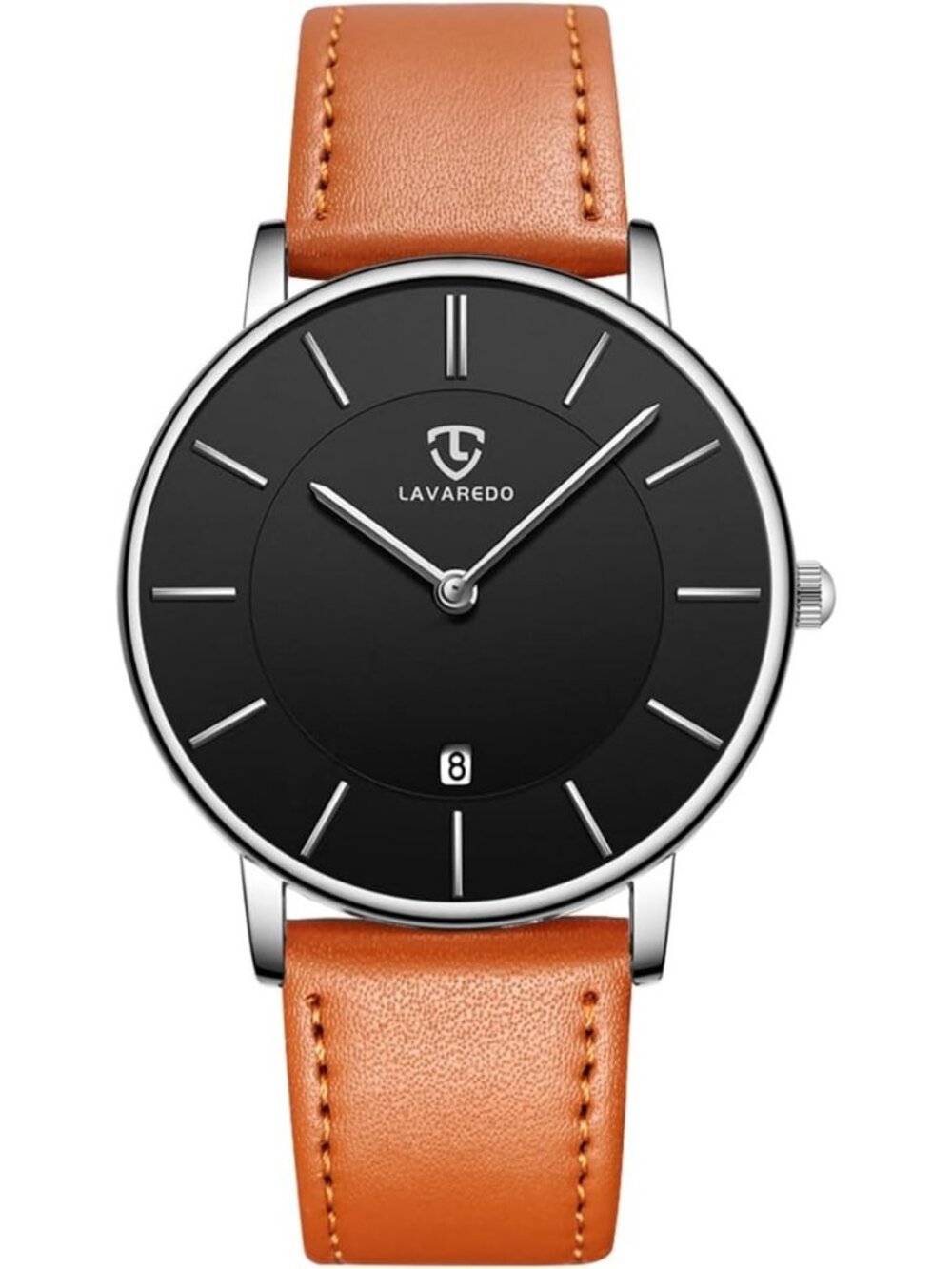 Men's Black Orange Leather Strap Analog Minimalist Fashion Simple Wrist Watch
